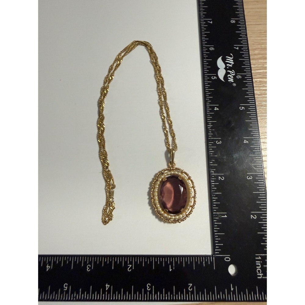 Vintage Avon Purple Faux Amethyst Pearl Pendant Necklace 14K GF Chain Goldā Tone